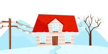 Winter View On Small House, Tree And Electrical Power Pole. Ice Storm. Strong Frost. Natural Disaster. Flat Vector Design