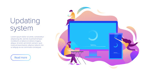 System update or software installation concept in flat vector design. Creative illustration for computer and smartphone upgrade or maintenance. Website landing page layout or webpage template.