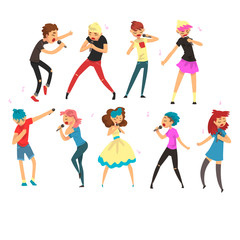 Sticker - People singing with microphones set, male and female emotional singers performing on stage vector Illustratio