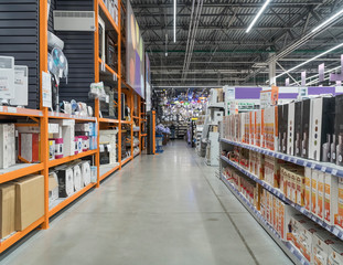 BELARUS, MINSK - NOVEMBER 28 2018 supermarket shelves background a large hardware store, appliances