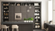 Modern gray kitchen with dark wooden details in contemporary luxury apartment with parquet floor, vintage retro interior design, architecture open space living room concept idea