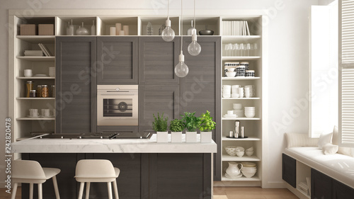 Modern White Kitchen With Dark Wooden Details In Contemporary