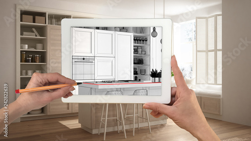 Hands Holding And Drawing On Tablet Showing Modern White And