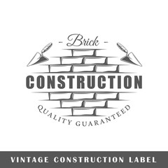 Construction label isolated on white background. Design element. Template for logo, signage, branding design. Vector illustration