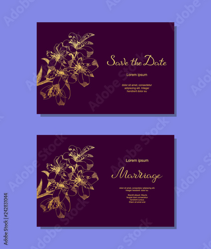 Luxury Set Of Wedding Card With Lily Sketch Flowers Leaves