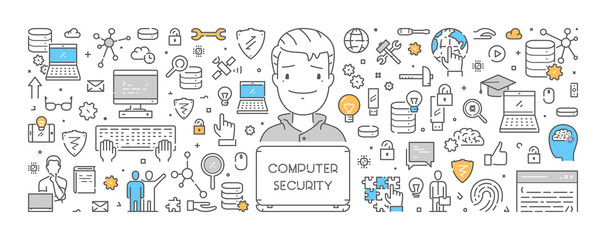 Vector line design concept for computer security. Creative style banner for internet security