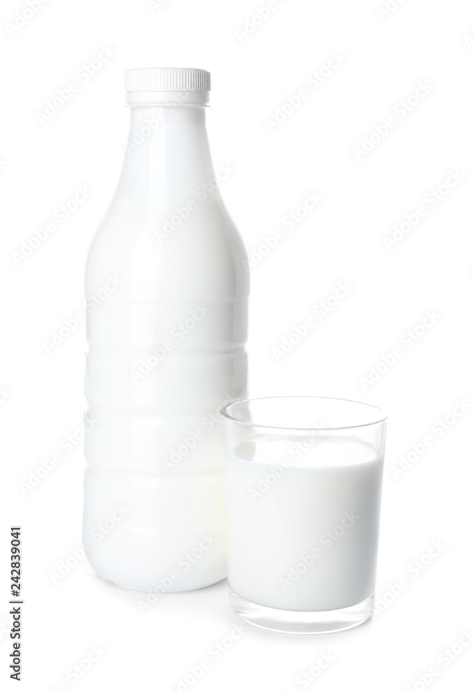 Bottle and glass of fresh milk on white background