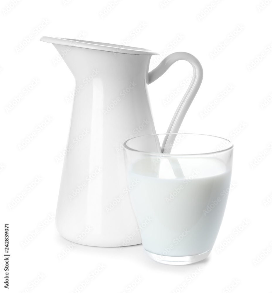Jug and glass of fresh milk on white background