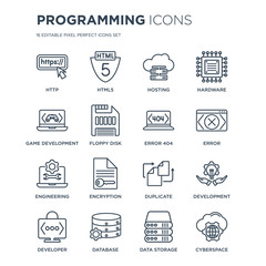 16 linear programming icons such as http, html5, database, developer, development, cyberspace, game 