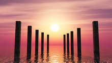 3D Wooden Posts In The Ocean Against A Sunset Sky