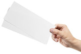 Fototapeta  - Male hand holding two blank sheets of paper (tickets, flyers, invitations, coupons, banknotes, etc.), isolated on white background