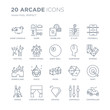 © t-vector-icons - Collection of 20 Arcade linear icons such as Game console, Game, Crystal, curtain stage, dance, Foosball, Earphone, Dices line icons with thin line stroke, vector illustration of trendy icon set.