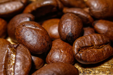 Extreme macro photography of fresh roasted coffee beans