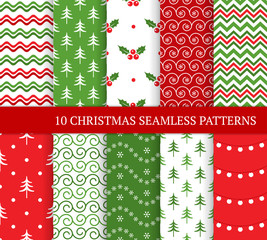 Ten Christmas different seamless patterns. Xmas endless texture for wallpaper, web page background, wrapping paper and etc. Retro style. Waves, snowflakes, curls, lights, holly and Christmas trees