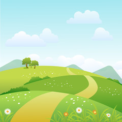 Wall Mural - Spring landscape background with clouds and green meadow. Vector illustration