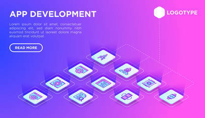 Wall Mural - app development web page template with thin line isometric icons: writing code, multitasking, smart 