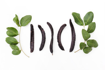 Ripe organic carob fruit pods and green leaves from locust tree on white background. Healthy alternative to cocoa and sugar