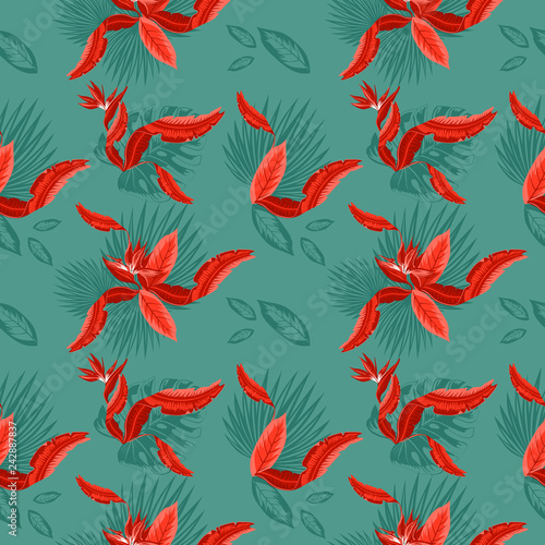 Obraz na płótnie Seamless pattern of tropical blue palm leaves, monstera leaves and coral flowers of the bird of paradise (Strelitzia) plumeria Wallpaper trend design