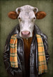 Cow in clothes. Man with a head of an cow. Concept graphic in vintage style with soft oil painting style.