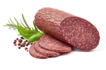 Wall Mural - Smoked Salami Sausage, close-up, isolated on a white background