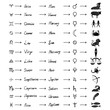 © desertsands - Zodiac hand writings signs, horoscope with 12 drawings illustrations and planet names. Aries, Taurus, Gemini, Cancer, Leo, Virgo, Libra, Scorpio, Sagittarius, Capricorn, Aquarius, Pisces. Vector.