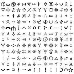 Wall Mural - Large set of alchemical symbols isolated on white background. Hand drawn and written elements for signs design. Inspiration by mystical, esoteric, occult theme. Vector.