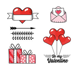 Poster - set love card with presents gifts and hearts balloons