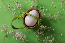 White Egg In Basket On Green Background With Flowers