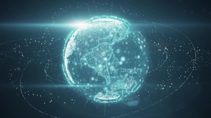 Wall Mural - seamless loop 3d animation of digital planet earth data abstract of a technological data network tra
