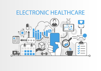 Wall Mural - Electronic healthcare concept with hand holding modern bezel free smart phone