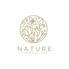 Poster - Tropical plant logo. Round emblem flower in a circle n linear style. Vector abstract badge for design of natural products, flower shop, cosmetics, ecology concepts, health, spa, yoga Center.