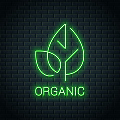 Wall Mural - Green Leaf neon logo. Organic eco product