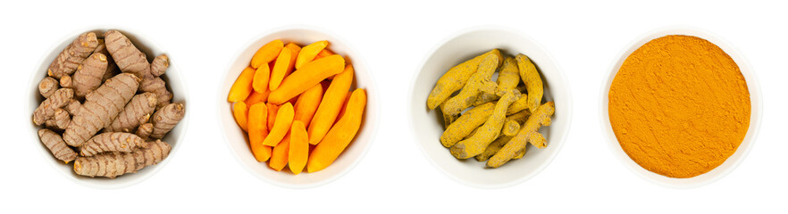 Wall Mural - Turmeric in white bowls, over white. Fresh rhizomes, whole and peeled, processed and powder. Curcuma longa, tumeric. Spice for curries, coloring mustard and in medicine. Food photo closeup from above.