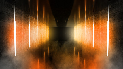 Wall Mural - Black tunnel, black gloss, neon lamps hanging from the ceiling, reflected in the walls and floor. Night view of the corridor. Abstract dark hall interior background. 3D Rendering