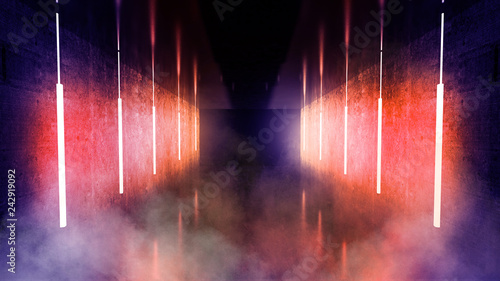 Black Tunnel Black Gloss Neon Lamps Hanging From The Ceiling