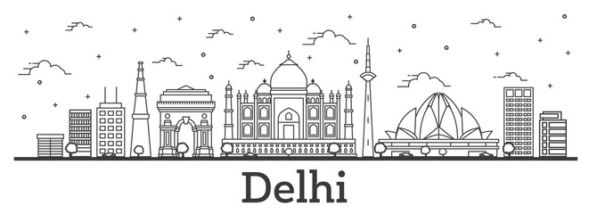 Wall Mural - Outline Delhi India City Skyline with Historic Buildings Isolated on White.