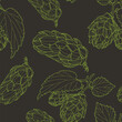 Hand drawn Hops Seamless pattern. Common hop or Humulus lupulus branch with leaves and cones. Vector Illustration.