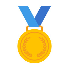 yellow gold medal with blue ribbon flat vector icon for sports apps and websites