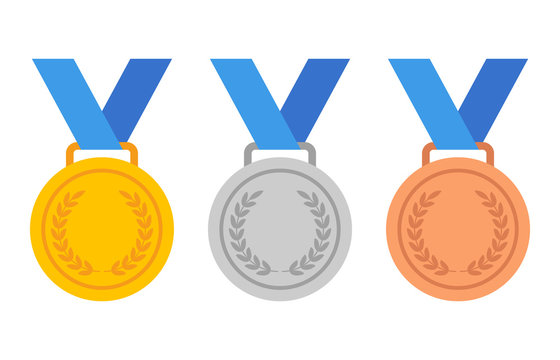 Gold, silver and bronze medals with blue ribbon flat vector icons for sports apps and websites