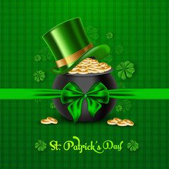 Poster - St. Patrick's Day poster design, illustration of traditional coin pot with leprechaun on green checkered background.