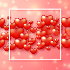 Poster - Glossy red heart shapes decorated on blurred background for valentine's day celebration template or greeting card design.