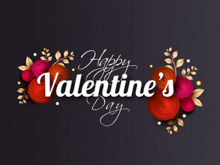 Sticker - Stylish lettering of happy valentine's day on black background decortaed with creative flowers.