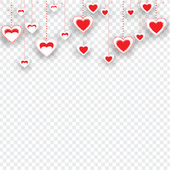 Wall Mural - sticker style heart shapes hanging on transparent background. love banner or template design.