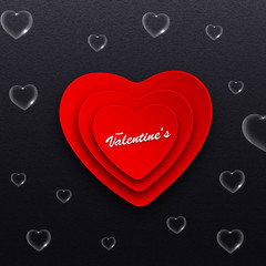 Sticker - Paper heart shape with stylish lettering of valentine's day on black background decorated with transparent hearts.