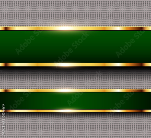 Business background green, banners with gold metallic elements over dots patt...