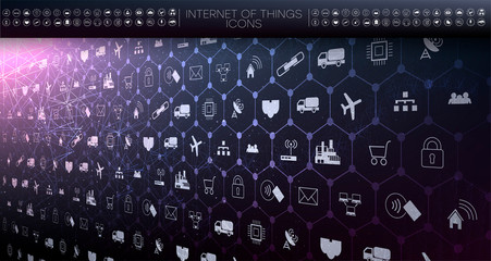 Fototapete - 	 Internet of things (IoT) and networking concept for connected devices. Spider web of network connections with on a futuristic blue background. IOT icons