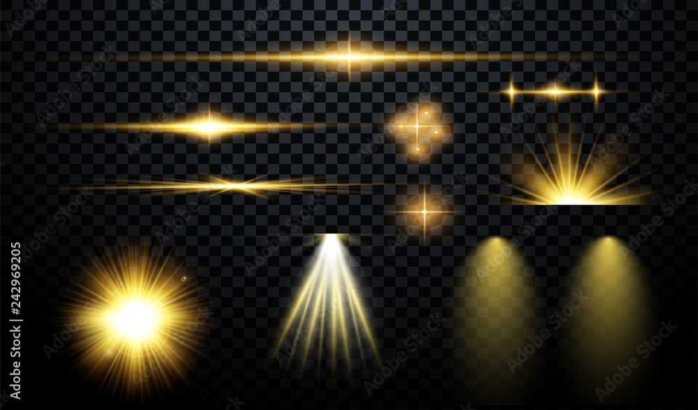 	 Set of flashes, lights and sparks. Abstract golden lights isolated on a transparent background. Bright gold flashes and glares. Bright rays of light. Glowing lines. Vector illustration. - obrazy, fototapety, plakaty 