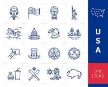 USA Icon Set, American Culture Icons. USA Flag, American Presidents, Uncle Sam Hat, Mount Rushmore. Golden Gate Bridge, White House USA. Vector Outline Illustration