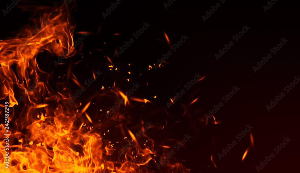 Realistic isolated fire effect  for decoration and covering on black background. Concept of particles , sparkles, flame and light. - obrazy, fototapety, plakaty 