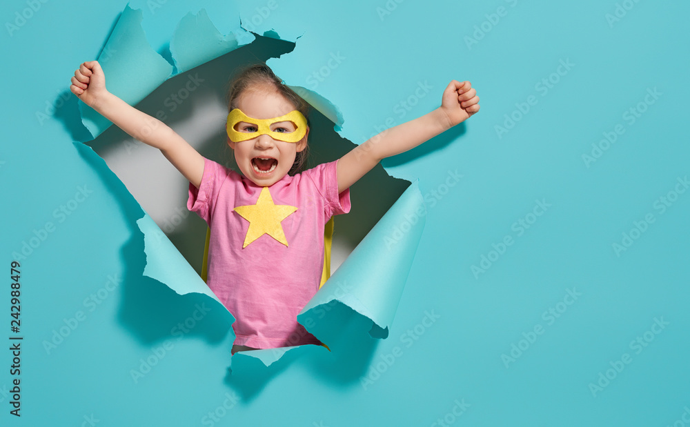 child playing superhero - obrazy, fototapety, plakaty 